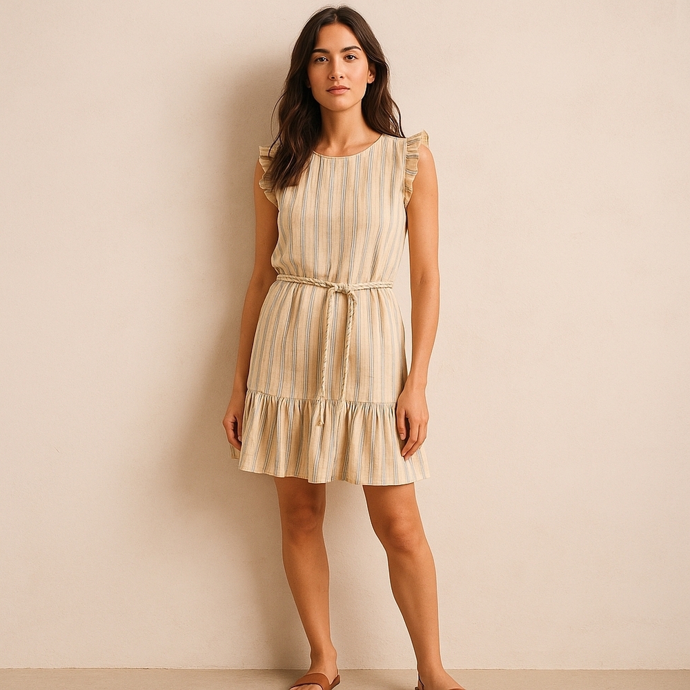 Marine Layer Linen Blend Stripe Dress XS Braided Belt‎ Neutral Coastal Style NWT